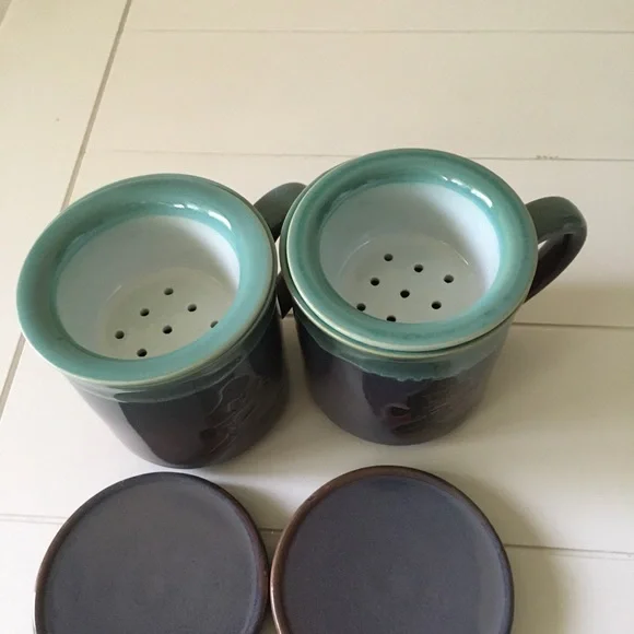 Kotobuki Japanese Ceramic Tea Mugs With Strainer Set of 2 Blue Purple Green - Picture 3 of 8